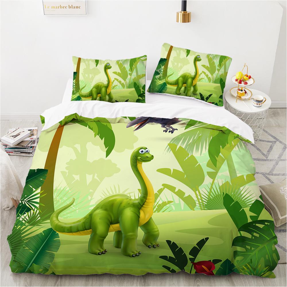 Housse de couette à motif de dinosaure de dessin animé Impression numérique 3D Taie d'oreiller Chambre (Ensemble de trois pièces) Ensemble de literie