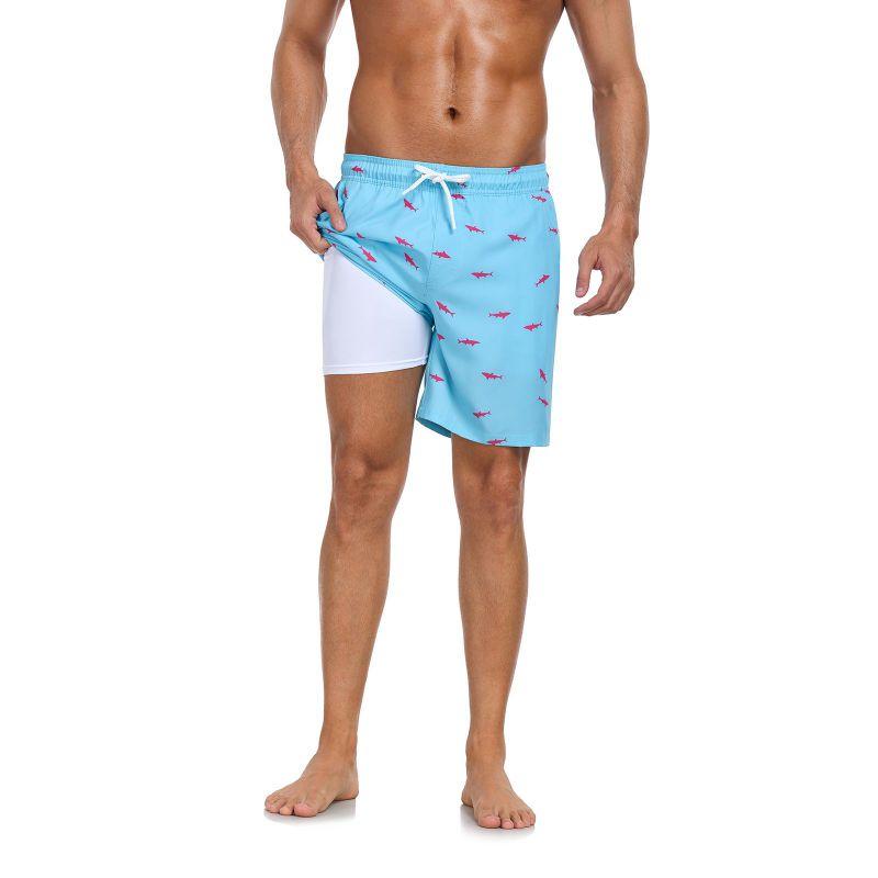 Men's Double-Layer Printed Beach Shorts Drawstring Swim Trunks