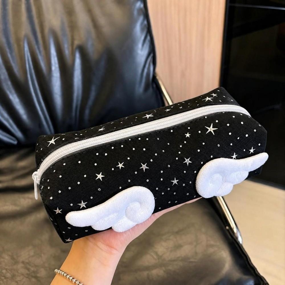 Multifunctional Star Print Pencil Case With Wings Decor Large Capacity Pen Bag Stationery Pouch Back To School