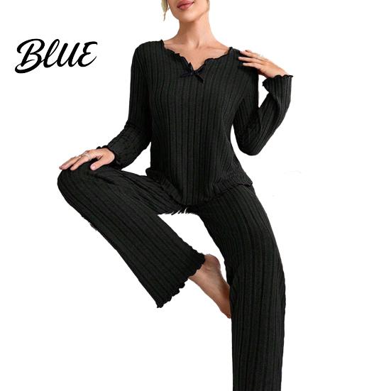 Women Pajama Set 2Pcs/Set Pajamas V-Neck Long Sleeve Lace Trim Tops Casual Home Clothing Elastic