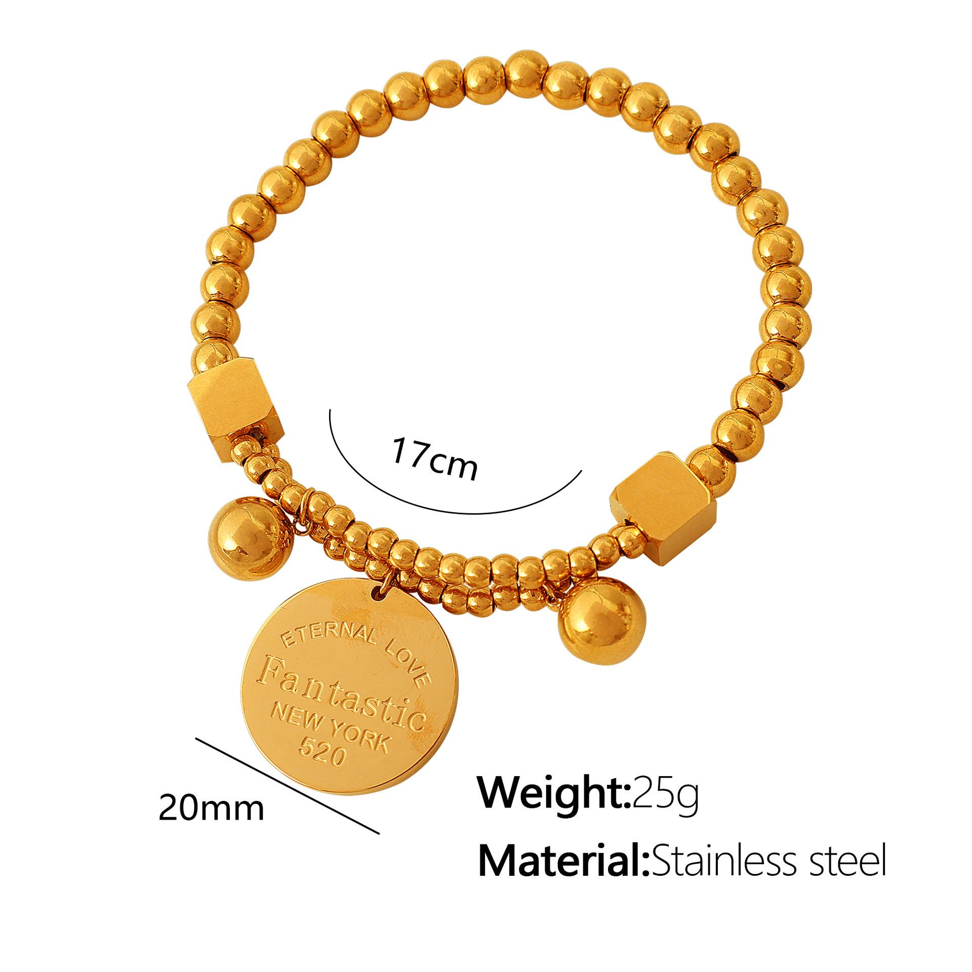 New Chinese titanium steel 18k gold elastic wire round bead gold coin square round brand bracelet beaded bracelet
