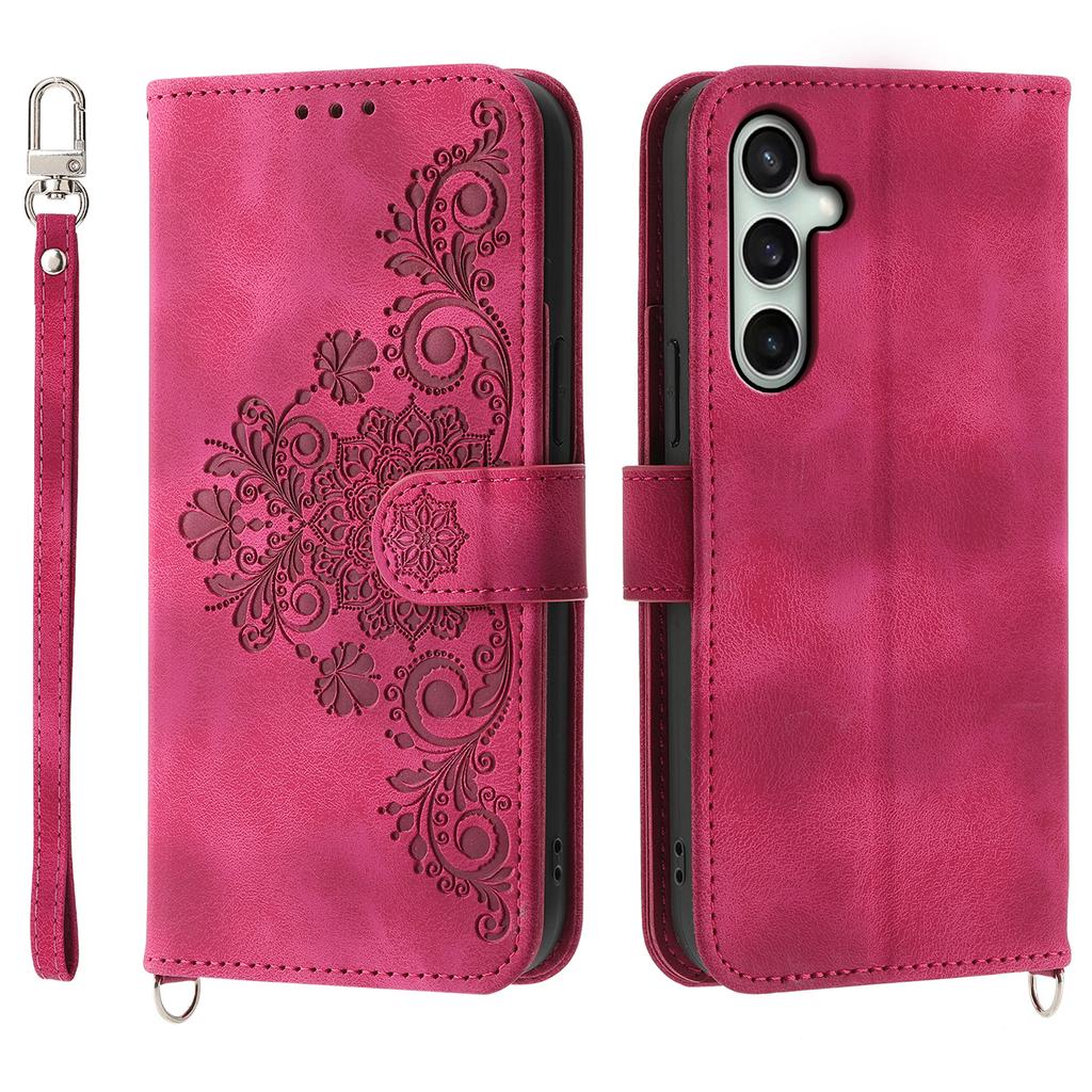 For Samsung Galaxy S24 FE Case Flower Pattern PU Leather Wallet Phone Cover with Shoulder Strap