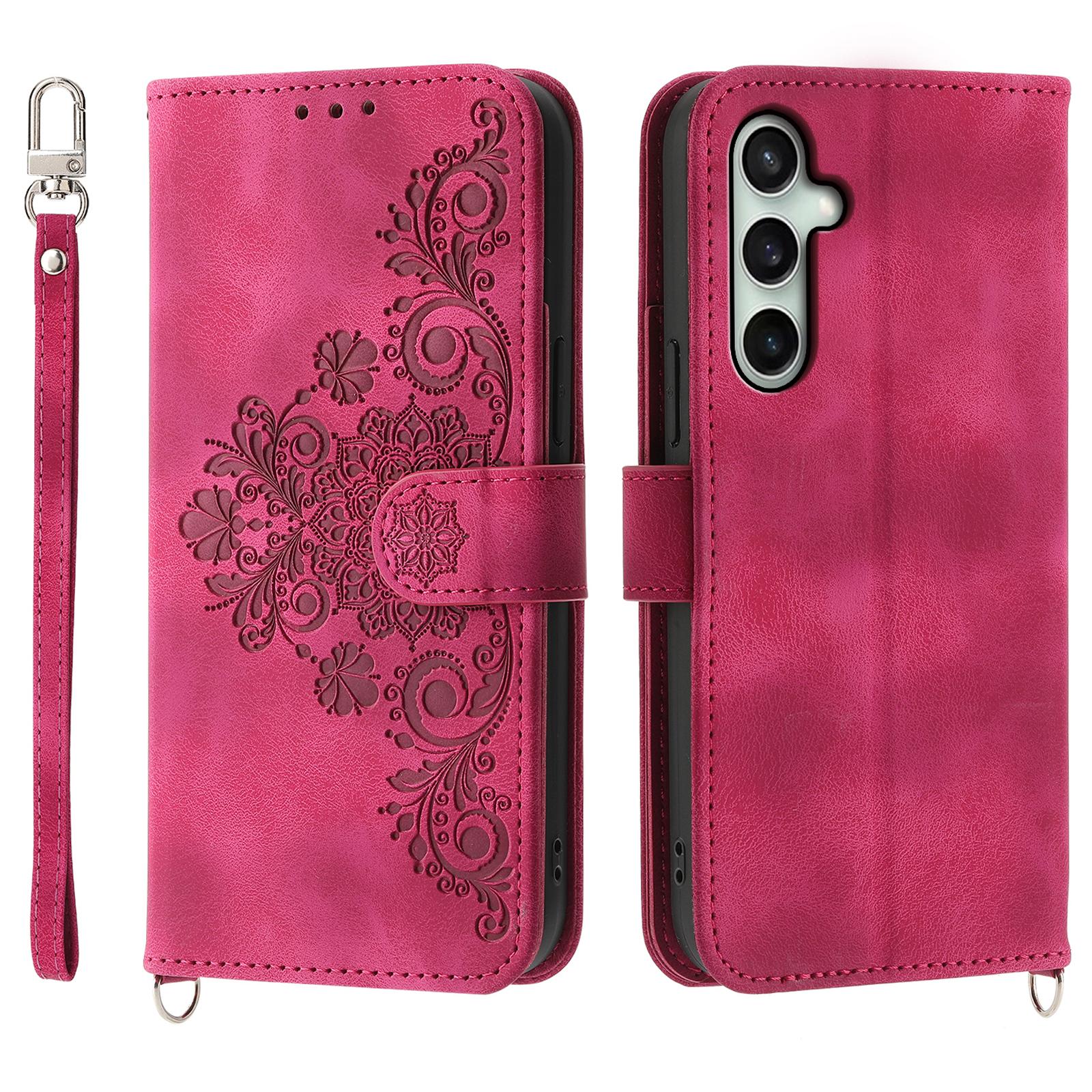 

Чехол для Samsung Galaxy S24 FE с цветочным узором, кошелек из ПУ кожи, чехол для телефона с плечевым ремнем Wine Red