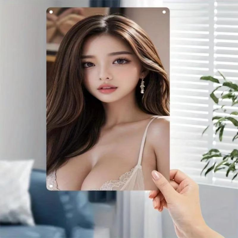 Metal Wall Art Woman Portrait, Korean Style Iron Poster for Home Bar Cafe Office