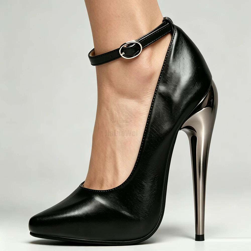 Schwarze Lackleder Knöchelriemen Fetisch Pumps 15cm Hoher Absatz Drag Queen Schuhe Größe 5-15