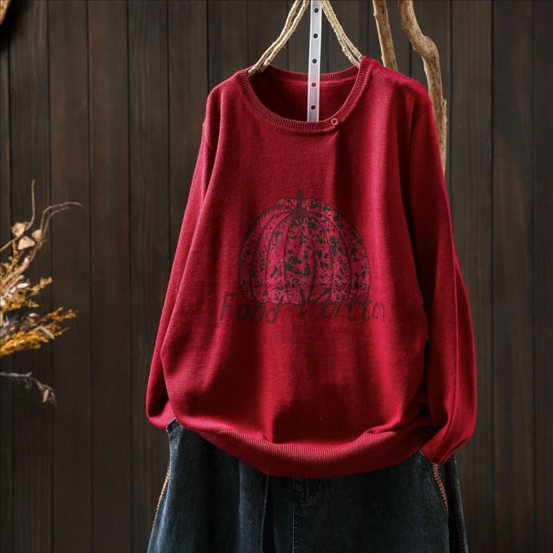 Womens Knit Sweater With Pumpkin Print Loose Fit Round Neck Long Sleeve Pullover In Cotton Blend