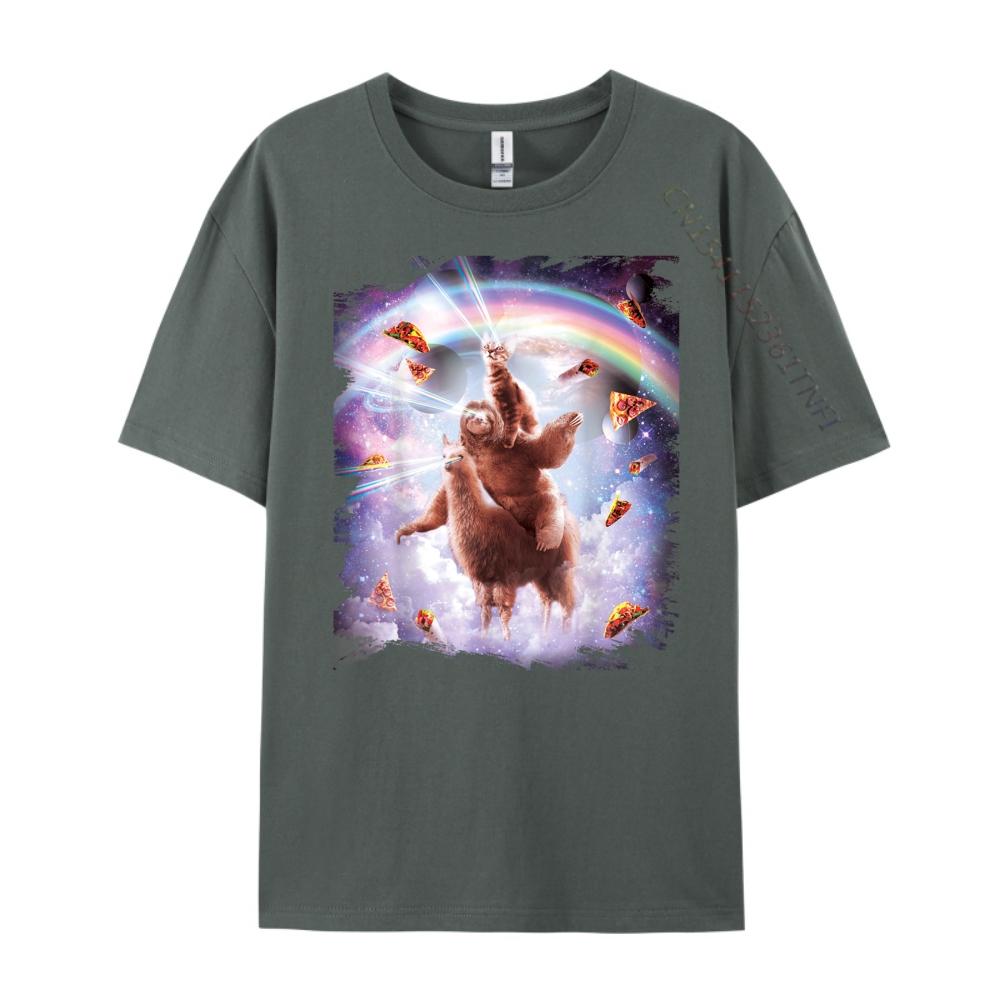 Laser Eyes Space Cat Riding Sloth Llama  Rainbow Shirts Graphic Tee White T Shirt Men