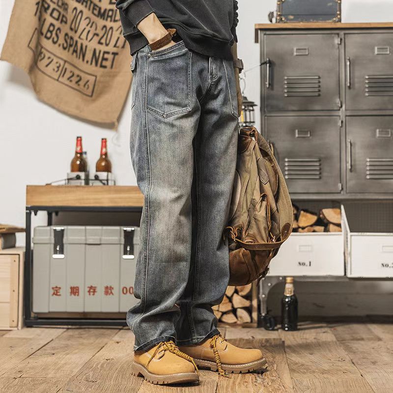 American retro men's jeans are comfortable and loose, straight washed, summer thin trendy casual long pants