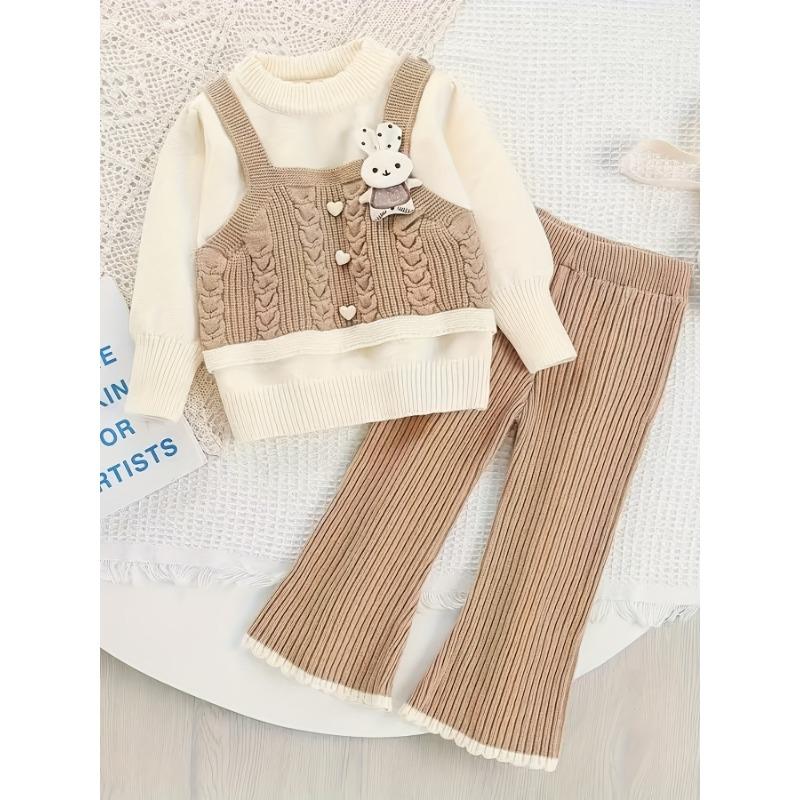 

Комплекты свитеров для девочек Осень/Зима Новый стиль: Милый и стильный вязаный топ-двойка и длинные брюки, комплект-двойка для детей, для улицы 130 бежевый