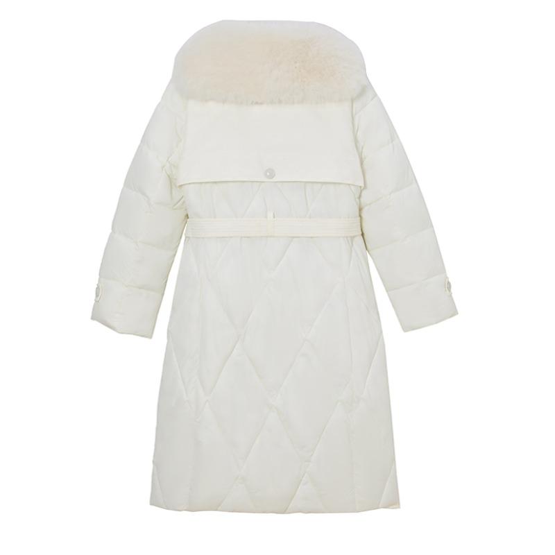 Elegantní a zeštíhlující dlouhý péřový kabát s velkým kožešinovým límcem pro dámskou zimní módu