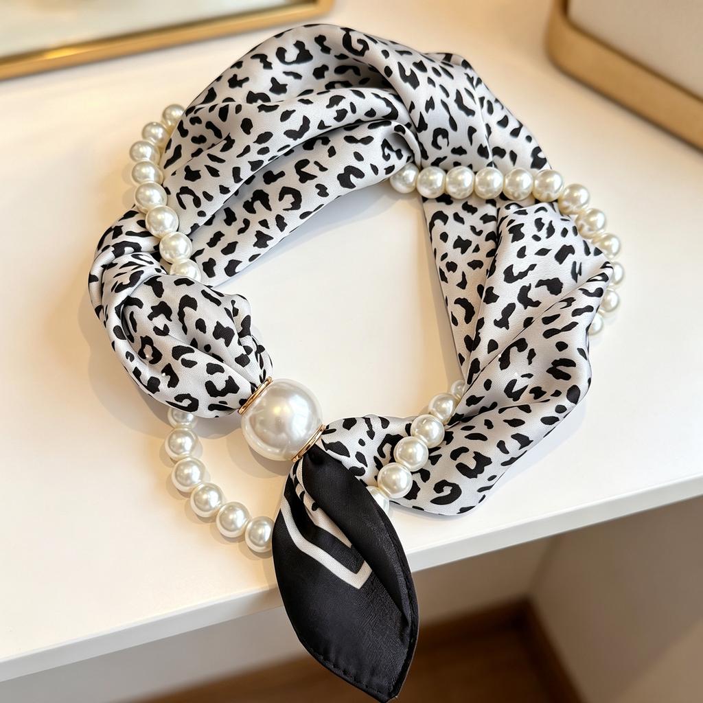 Popular Magnetic Buckle Pearl Necklace Silk Scarf Classic Striped Design Small Scarf Women's Protection Collar Anti-sun Thin Scarf
