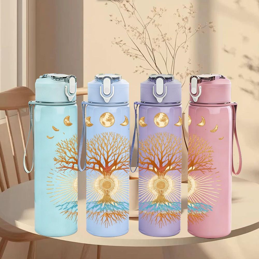 1PC Glowing Tree Of Life Print 750ml Color Plastic Sports Water Bottle Leakproof Flip Straw Lid Suitable for Sports Office Home Use