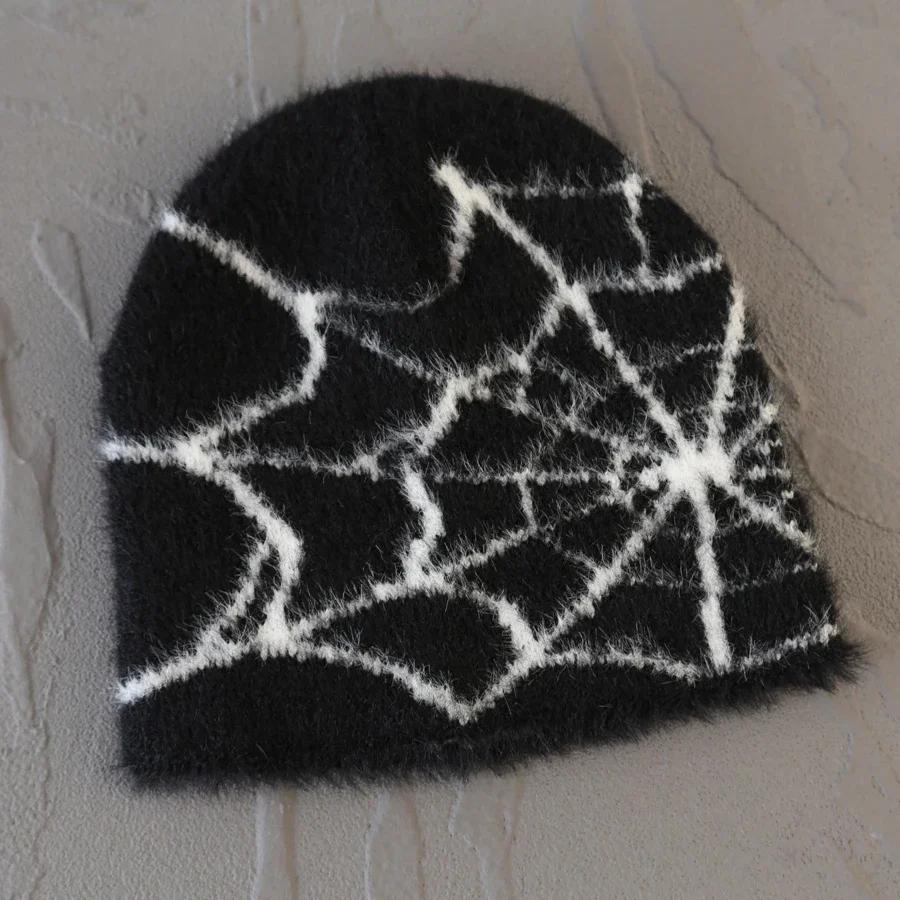 Fashion Plush Knit Spider Web Design Hat For Men Women Pullover Pile Cap Y2K Goth Warm Beanie Hats New Hip-Hop Street Cap