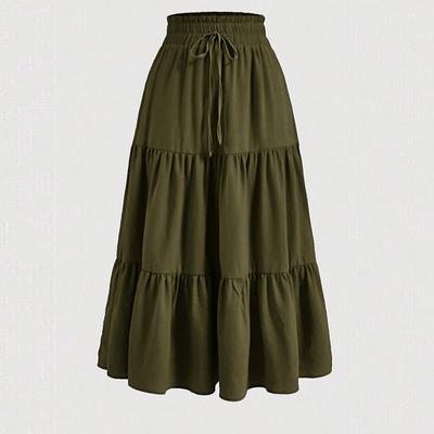 Women s Fashion Solid Color Floral Drawstring Elastic Waist Loose Long Skirt S