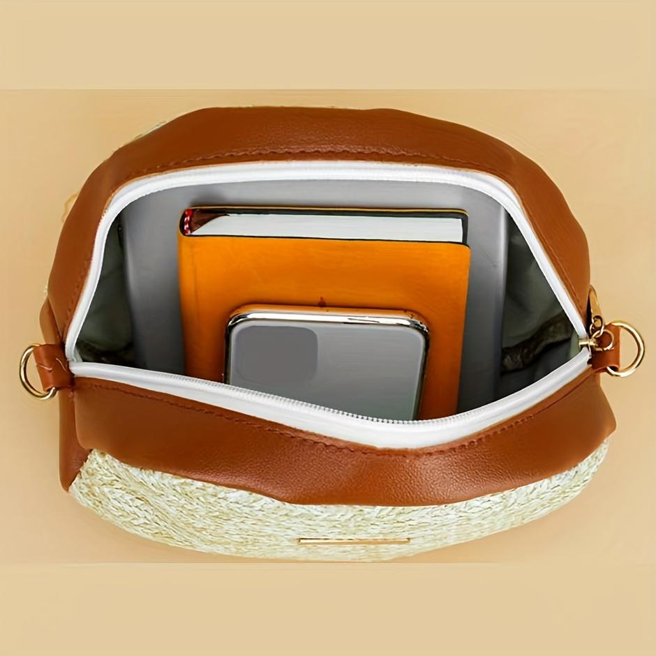 Lightweight Woven PU Contrast Color Round Crossbody Bag with Adjustable Detachable Strap - Large Capacity Zipper Closure for Beach, Commuting