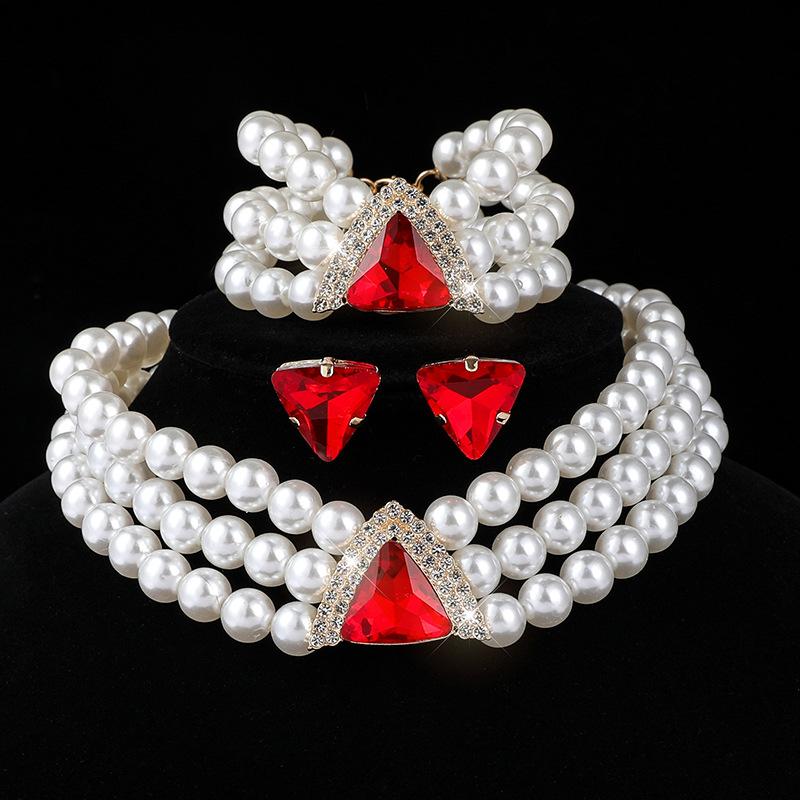 Geometric Crystal Multilayer Imitation Pearl Necklace Necklace Bracelet Stud Earrings Set Bridal Crystal Jewelry Women