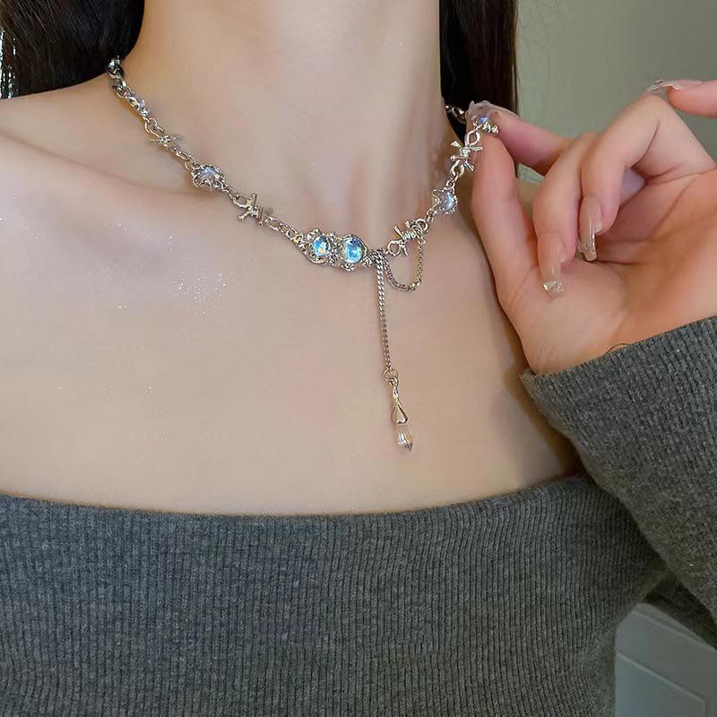 JWER Trendy Bling Moonstone Star Cross Pendant Necklace for Women Punk Hip Hop Star Chain CrystalNecklace Party Jewelry Gift