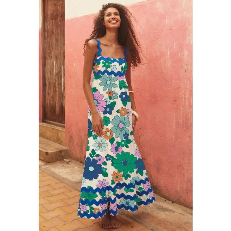 VEZFAA Women's Fashion Summer Spring Flower Pattern Print Sleeveless Suspenders High Waist Casual Dresses