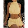 Outfitgirl5 Yellow Halter Backless Ultra Short Vest Bubble Skirt Short Skirt Casual Vacation Style Suit