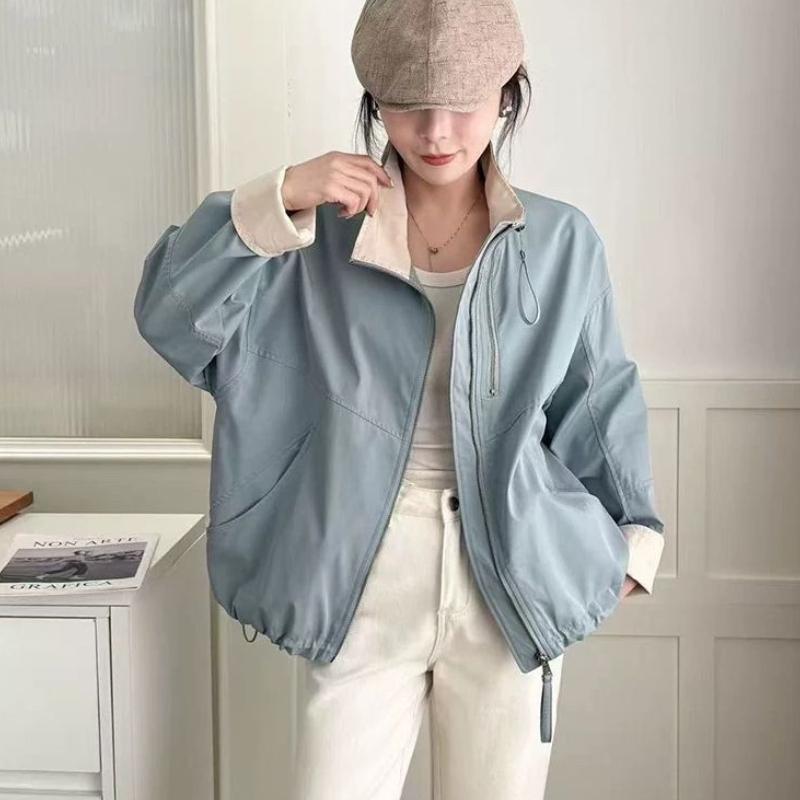 Women's Stand Collar Short Length Zip-Up Windbreaker Jacket Loose Casual Versatile Outerwear Top