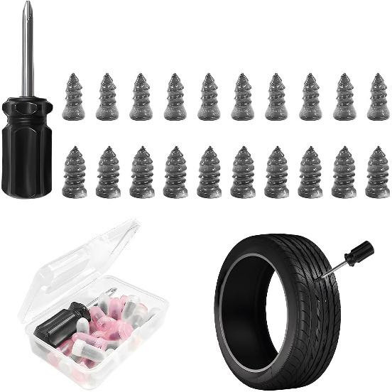21 PCS Tire Repair Nails Kit, Self-Service Vacuum Tire Repair Spiral Rubber Screws Fast Tool with Screwdriver, Emergency Tyre Repair Nail Kit with