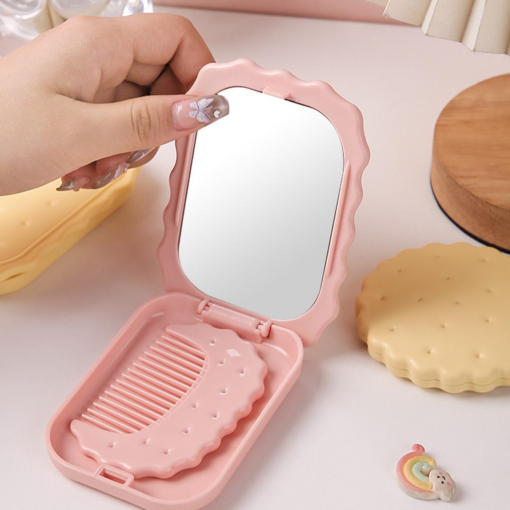 Adorable Cookie Folding Mirror Mini Portable Pink/Yellow Makeup Mirror with Comb Cute Travel Pocker Mirror for Girls