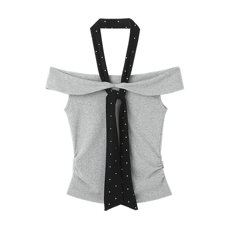 Temperament Spice Girl Storm Point Strap Shoulder Neck Short Sleeve T-Shirt Women's Summer Grey Pleated Waist Off-Shoulder Top