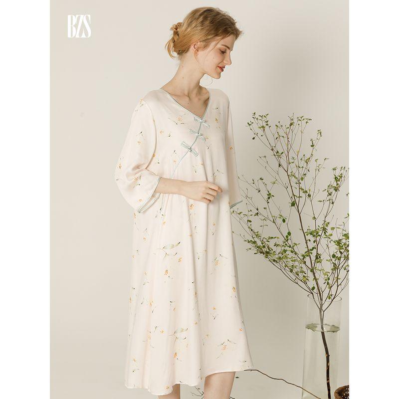 2024 Summer Cotton Silk Mid-Sleeved Night Skirt Women's Summer Cotton Satin Retro National Style Artificial Cotton Elegant Buckle Night Dress