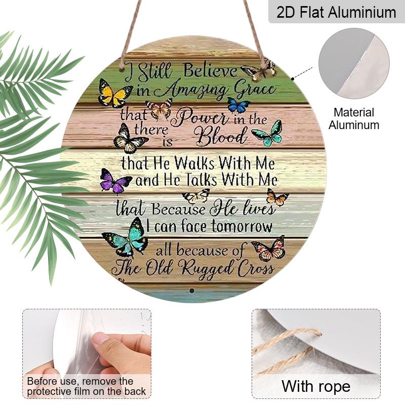 2D Flat, 1pc Round Aluminum Sign, "Amazing Grace" Christian Hymn Quote, Colorful Butterfly & Rustic Wood Design, Metal Wall Art, Ideal for Home