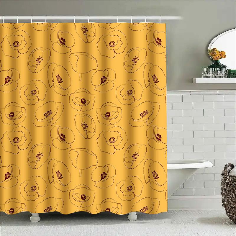 Modern Bathroom Shower Curtain With Yellow Flower Print 3D Waterproof Fabric Home Decor Customizable Size Available For Purchase