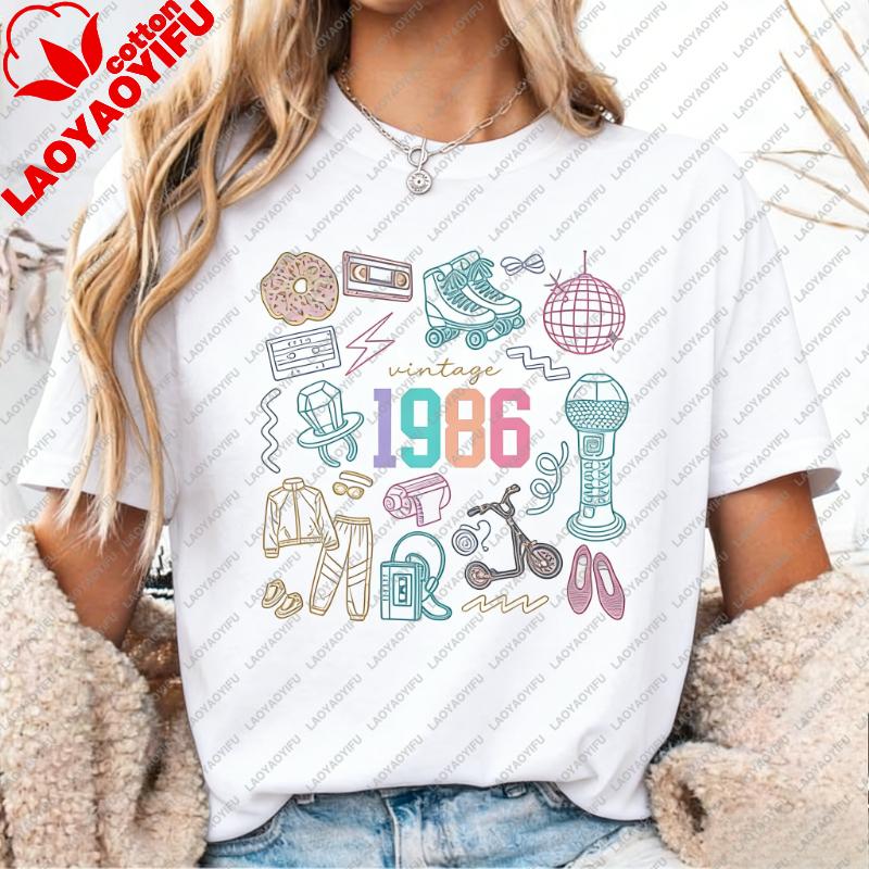 Vintage 1986 Shirt 40. Tee Geburtstag Kritzeln Geschenk 40 Jahre Alt Feier Bedrucktes T-Shirt Oberteile Ära Bday Party Freizeit Streetwear