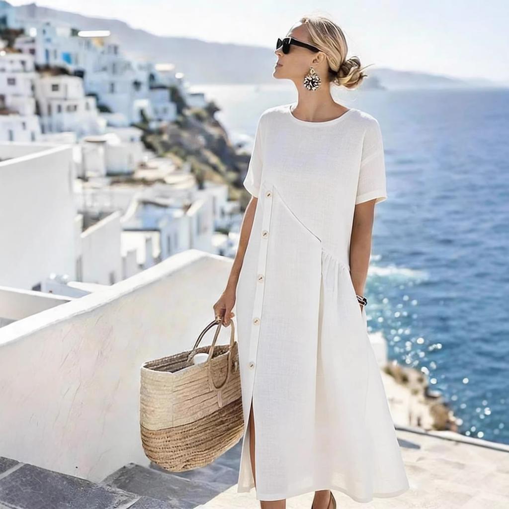 YYFS Damenmode Sommer Frühling Einfarbig Druck Kurzarm O-Ausschnitt Lose Taille Freizeitkleider