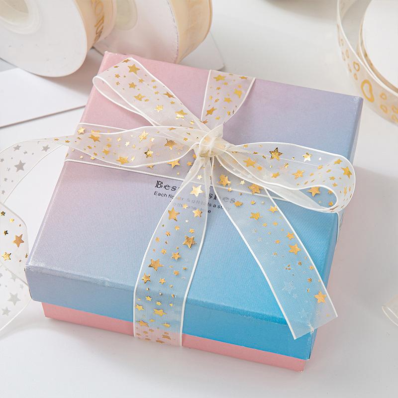 10Yards/Roll Hair Bows DIY Craft Gold Foil Snow Yarn for Gift Wrapping 2.5cm Organza Ribbon Printed Silk Ribbons