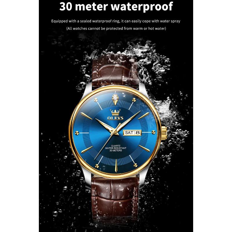 OLEVS Brand Fashion Quartz Watch Men Leather Strap Waterproof Luminous Week Date Business Mens Watches