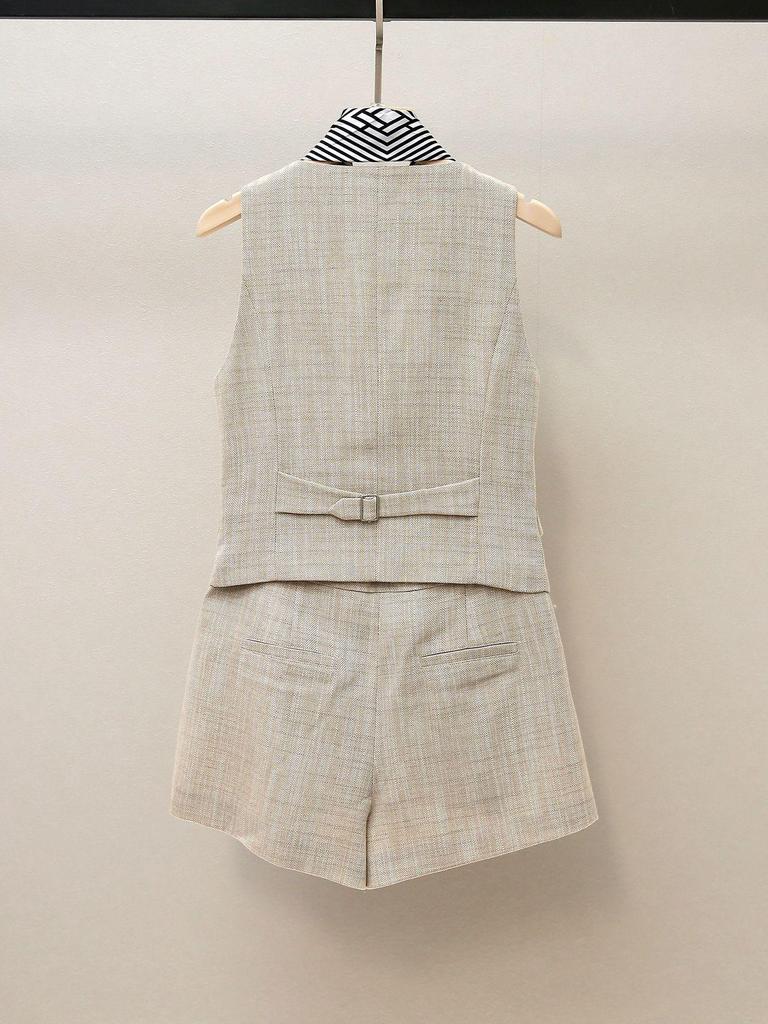Women's Autumn French Commuter Ribbon Waist Vest and Shorts Set