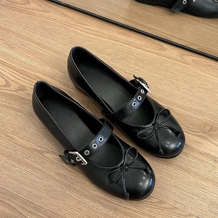 Retro bow inner height increase shallow mouth ballet single shoes women's one-word buckle with Mary Jane shoes
