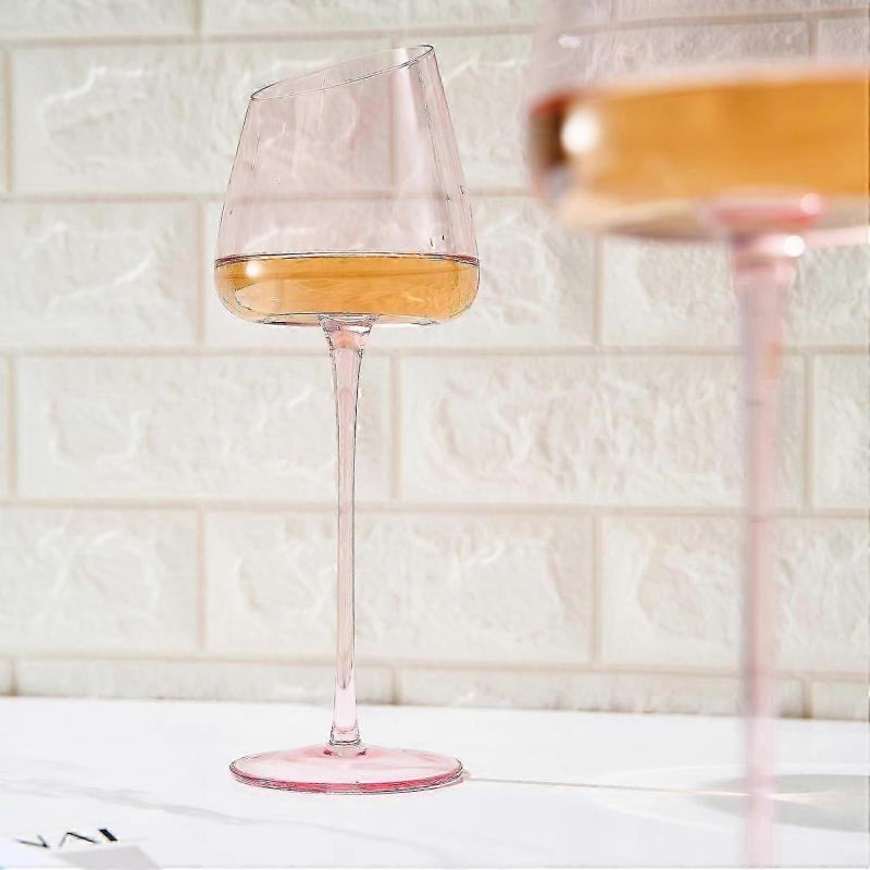 Pink Wine Glasses Set of 2 | 18oz Rose Blush Slanted Stemmed Glassware for Women, Gifts for Wife Girlfriend Birthday Wedding - JA