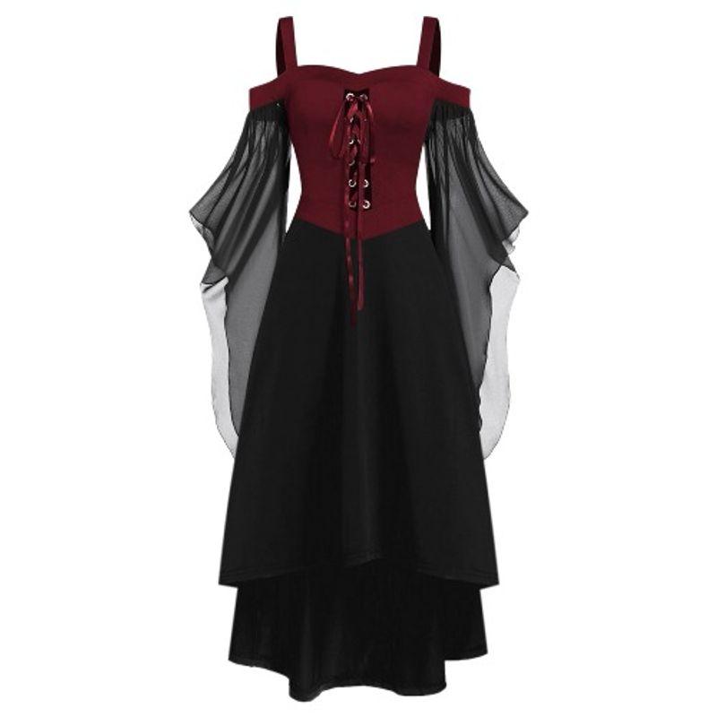 

European Plus Size Retro off-Neck Gothic Large Swing Sleeve Asymmetrical Halloween Witch Sling Tied Dress Red 5XL (115.00 kg-122.50 kg