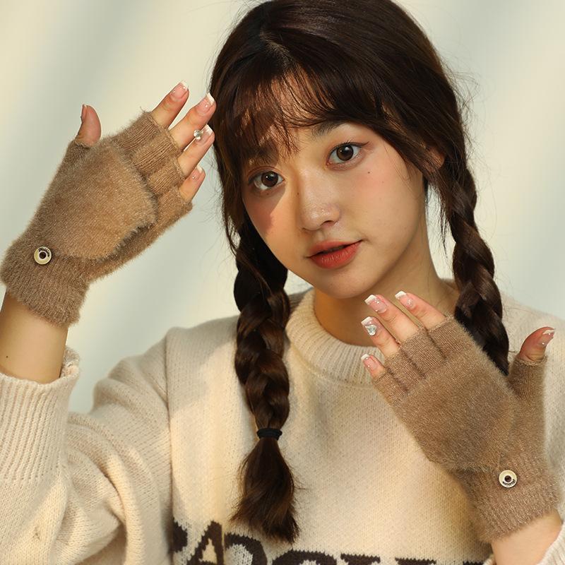 Koreanische Mode Einfarbige Halbfinger-Klapphandschuhe Warm für Damen im Winter Kältefest Verdickt Doppelzweck Wolle Gestrickt
