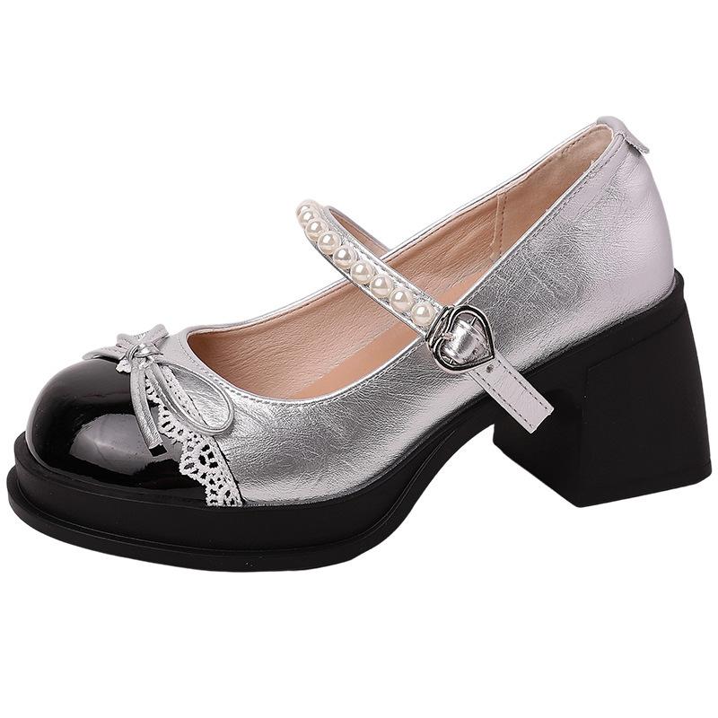 Versatile Retro Bow High-heeled Mary Jane Shoes Women's Summer Fashion Casual Pearl One-word Thick-soled Thick-heeled Single Shoes
