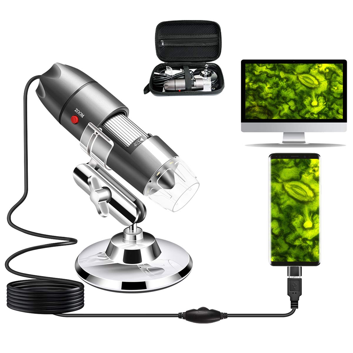 

Cainda USB Microscope Camera, 40X-1000X, with Metal Stand and Carrying Case, Compatible with Android, Windows, Linux, and Mac, Portable Microscope