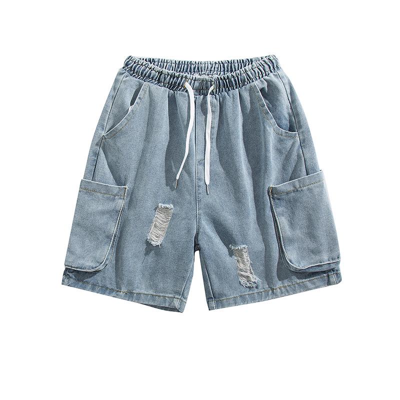 Men's Trendy Loose-Fit Ripped Denim Shorts with Big Pockets - Versatile Straight Leg Summer Casual Workwear.