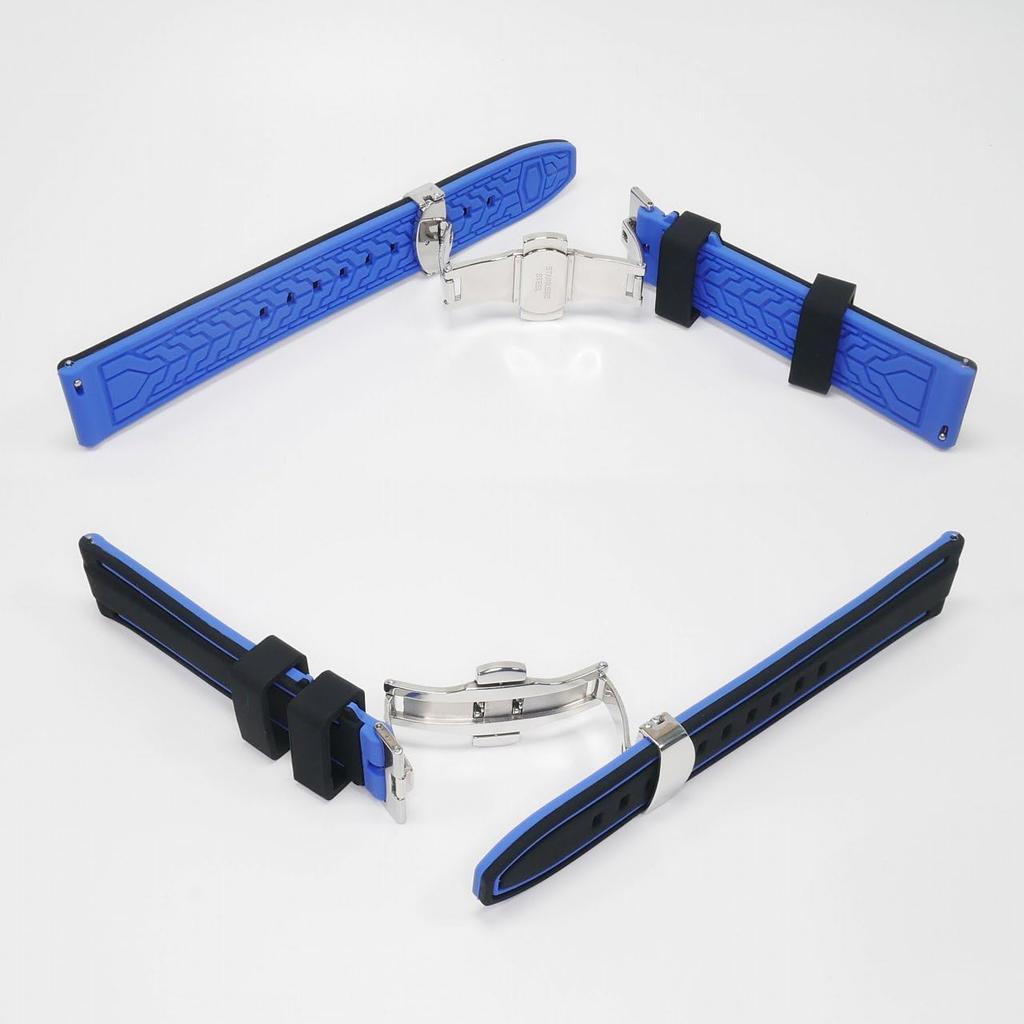 Swatch X Omega Compatible Rubber Strap with Type D-buckle, Double-line (black/blue Lines)