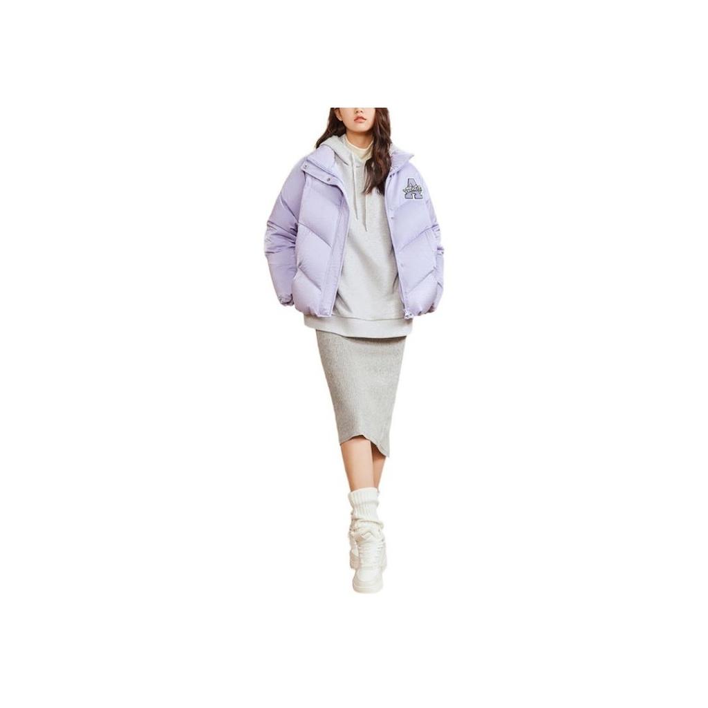 Anta Pattern Printed Zipper Thickened Warm Letter Solid Color Polo Collar Down Jacket Women Outerwear Fresh-Purple 162248903-4