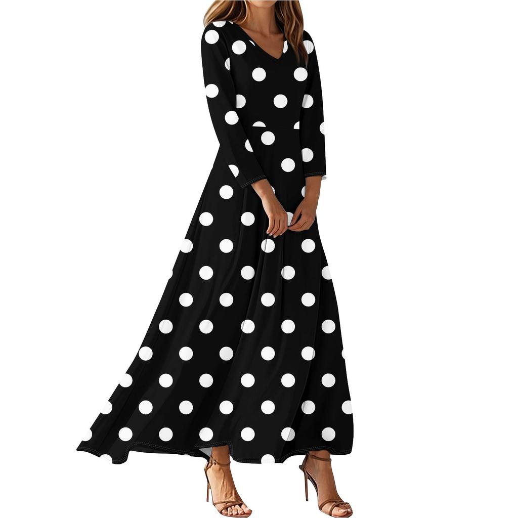 Damen Polka Dot Maxikleid mit langen Ärmeln, Elegantes V-Ausschnitt Fließendes A-Linien Freizeitpartykleid für Frühling Sommer
