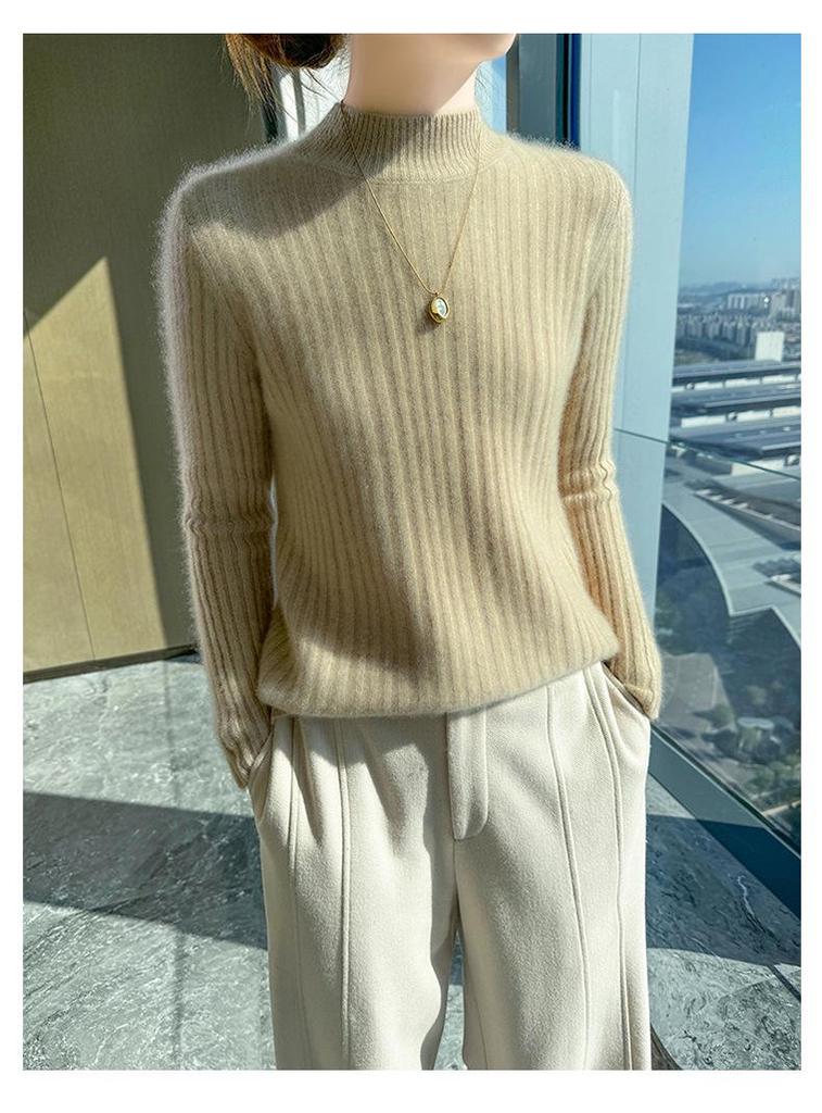 2024 Spring/Autumn Wool Ribbed Knit Sweater with Half-High Neck