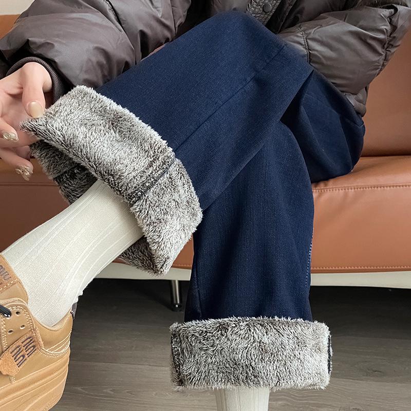 Dámské džíny s vysokým pasem a širokými nohavicemi, denimově modré, podšité fleecem