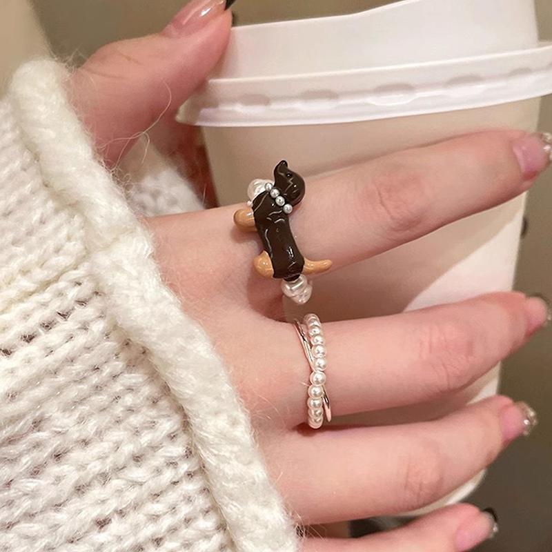 2Pcs Cartoon Sausage Dog Ring Cute Creative Rings Simple Pearl Ring For Women Girls Fashion Ring Jewelry Accessories Gifts