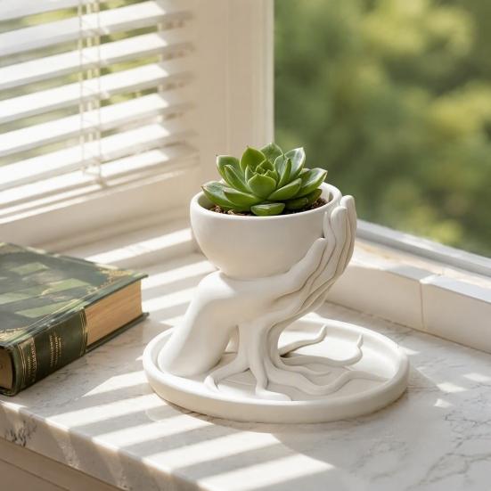Palm Shape Succulent Planter 3D Printed Shaped with Drainage Tray, Holding Natural Literary Style Tabletop Decor Mini Flower Pot, Small Desktop Plant