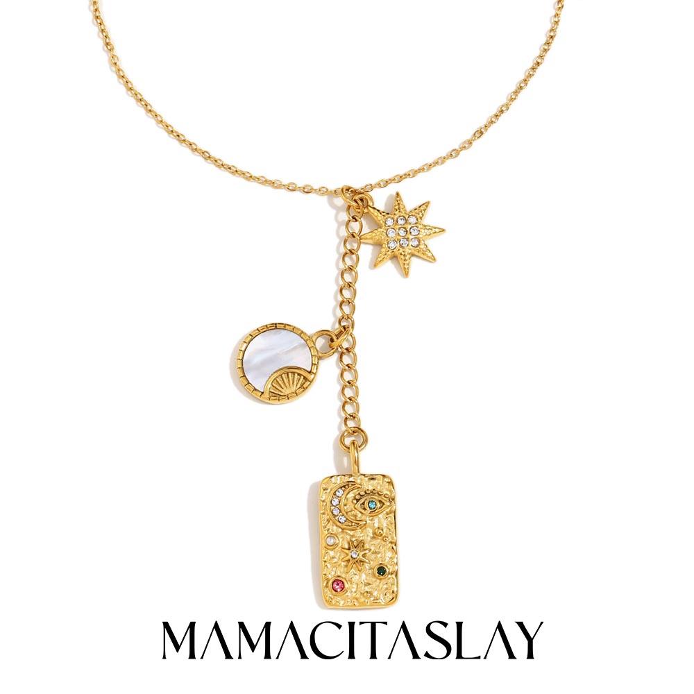 MamacitaSlay Exclusive Stainless Steel Sun Moon Star Devil's Eye Long Pendant Necklace For Women's Party Waterproof Jewelry Gift